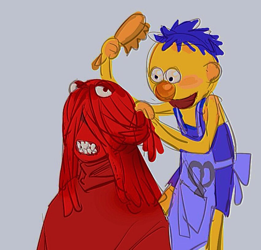 2boys apron barber blue_apron blue_hair blue_overalls brushing_hair colored_skin crooked_teeth don&#039;t_hug_me_i&#039;m_scared grabbing_another&#039;s_hair grey_background hair_brush hairdressing half-closed_eyes multiple_boys open_mouth overalls red_fur red_guy_(dhmis) scissors sketch smile toothpaste_dd yellow_guy_(dhmis) yellow_skin