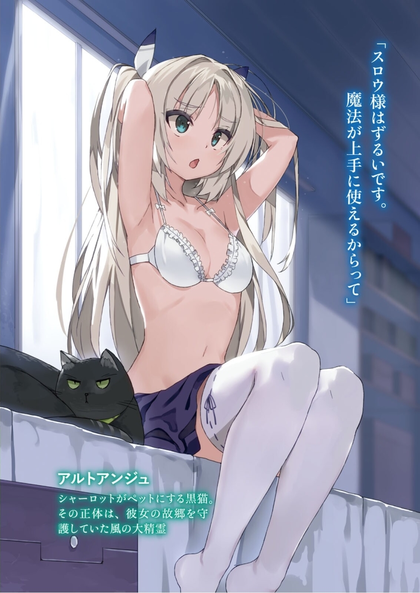 1girl arms_up blue_eyes blue_skirt bra breasts buta_koushaku cat character_name cleavage collarbone female_focus frilled_bra frills from_below hair_ribbon hands_in_own_hair highres indoors long_hair medium_breasts miniskirt nauribon non-web_source novel_illustration official_art open_mouth ribbon ribbon-trimmed_thighhighs ribbon_trim silver_hair sitting skirt solo thighhighs tying_hair underwear very_long_hair white_bra white_ribbon white_thighhighs