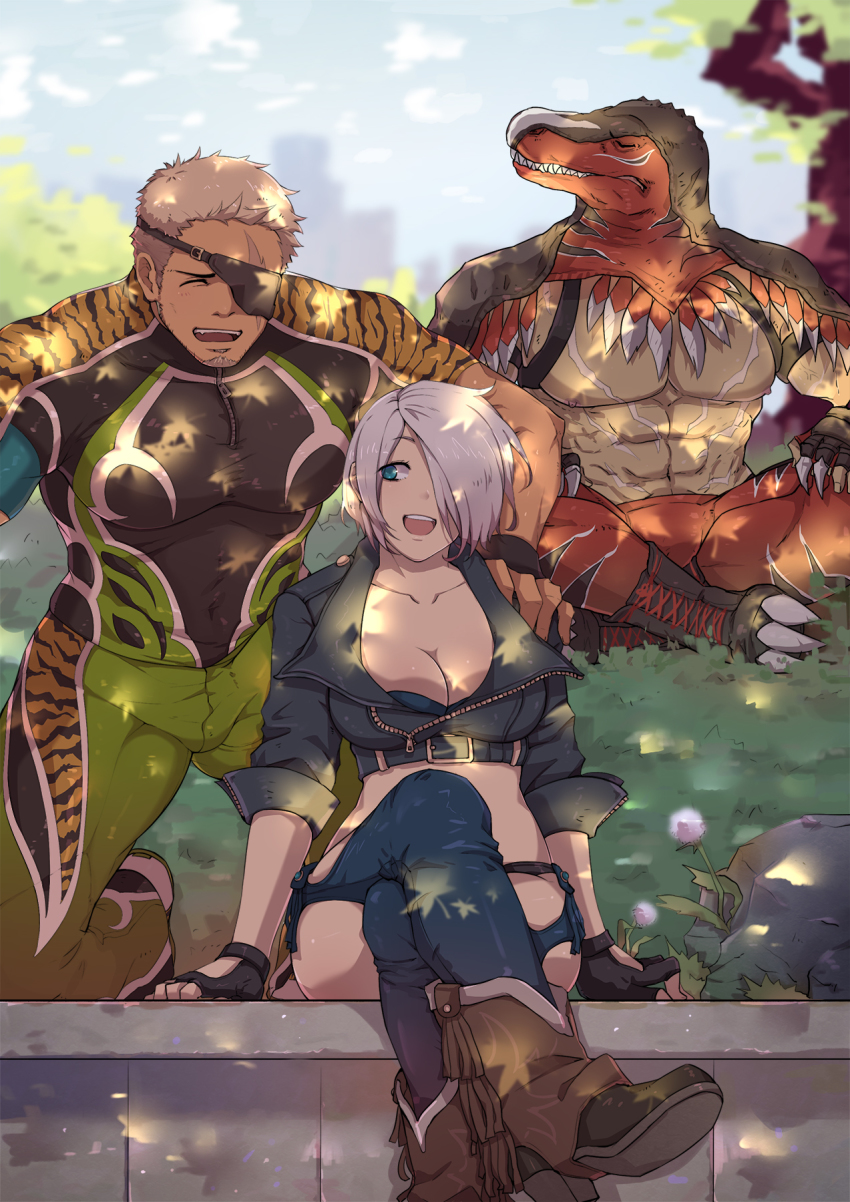 1girl 2boys angel_(kof) animal_print blue_eyes boots breasts chaps cowboy_boots dinosaur_costume eyepatch fingerless_gloves gloves highres king_of_dinosaurs kqq large_breasts crossed_legs multiple_boys one_eye_covered ramon_(kof) sitting the_king_of_fighters tiger_print white_hair