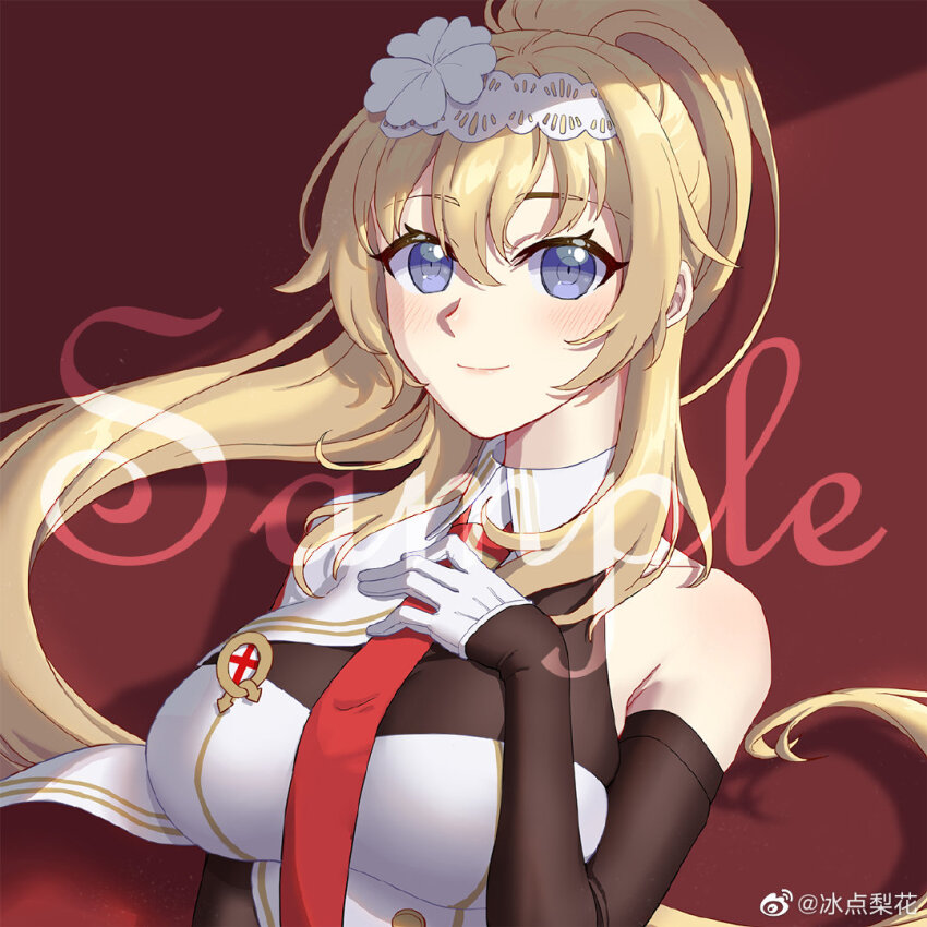 1girl artist_name bare_shoulders bingdian_lihua blonde_hair blue_eyes blush breasts detached_sleeves duke_of_york_(warship_girls_r) english_text flower gloves hair_flower hair_ornament hair_ribbon hand_on_own_chest high_ponytail large_breasts long_hair looking_at_viewer necktie ponytail ribbon sample_watermark smile solo upper_body warship_girls_r watermark weibo_watermark weibo_watermark white_gloves