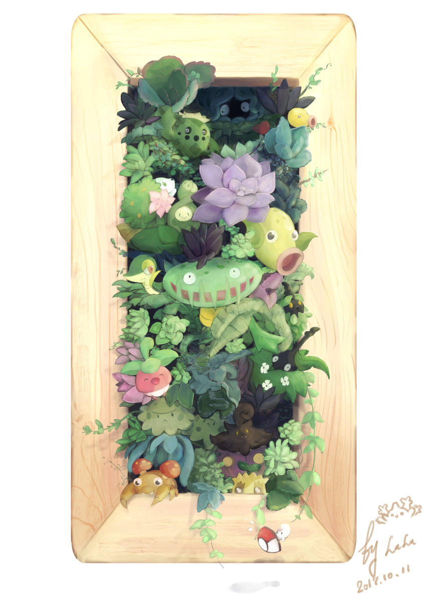 absurdres aloe_(plant) bellsprout border bounsweet budew burmy burmy_(plant) cacnea carnivine closed_mouth commentary_request dated flower foongus game_freak gen_1_pokemon gen_2_pokemon gen_3_pokemon gen_4_pokemon gen_5_pokemon gen_6_pokemon gen_7_pokemon happy highres legendary_pokemon littlelluu mythical_pokemon nintendo no_humans open_mouth paras plant pokemon pokemon_(creature) pumpkaboo purple_flower shaymin shroomish signature snivy sunkern tangela weepinbell white_border