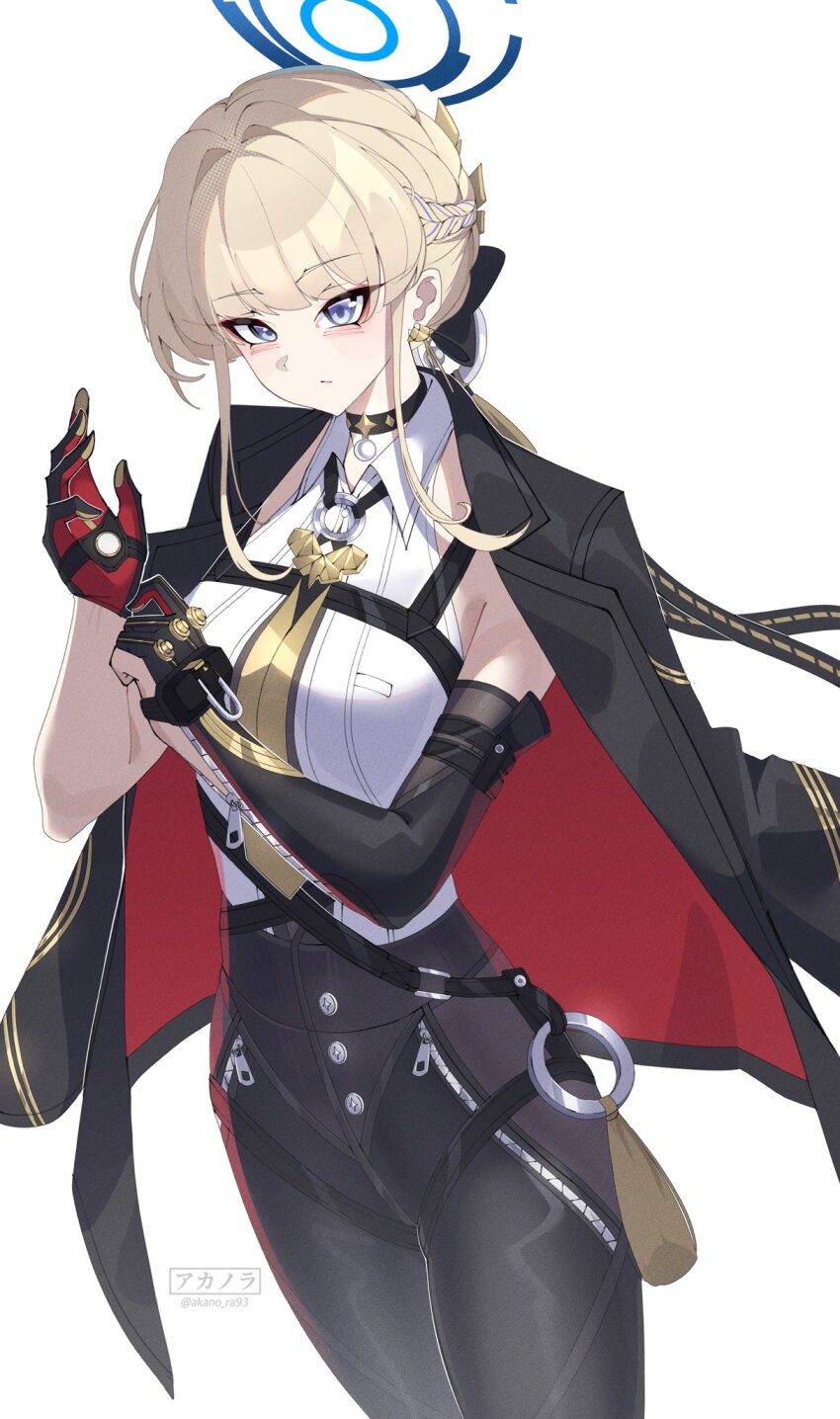 1girl adjusting_clothes adjusting_gloves akanora black_choker black_gloves black_jacket black_pants black_ribbon blonde_hair blue_archive blue_eyes braid breasts choker collared_shirt commentary_request cosplay cowboy_shot earrings elbow_gloves evelyn_chevalier evelyn_chevalier_(cosplay) gloves half_up_braid halo high-waist_pants highres jacket jacket_on_shoulders jewelry long_ribbon looking_at_viewer medium_breasts necktie pants ribbon ring_hair_ornament shirt short_hair sidelocks single_elbow_glove solo tight_clothes tight_pants toki_(blue_archive) white_background white_shirt yellow_necktie zenless_zone_zero
