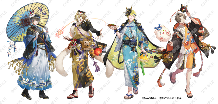 4boys :d ;d abs alban_knox animal_print bangs_pinned_back beckoning bell belt belt_pouch bird_print black_belt black_bridal_gauntlets black_cape black_choker black_coat black_eyes black_footwear black_sash black_veil blonde_hair blue_hair blue_hakama blue_kimono blue_shawl boots bracelet bridal_gauntlets briskadet_(sonny_brisko) brown_belt brown_hair butterfly_print cape chest_tattoo choker coat commentary copyright_notice cotton_candy curtained_hair dress_shirt earrings english_commentary eyewear_strap fan_print feather_boa fireworks floral_print folded_fan folding_fan food fox_mask full_body ginkgo_leaf ginkgo_leaf_print glasses gloves gradient_clothes gradient_hair gradient_hakama green_cape grey_hair hadanugi_dousa hair_between_eyes hakama hanafuda_earrings hand_fan hand_up haori highres holding holding_cotton_candy holding_fan holding_fireworks holding_food holding_mask holding_stuffed_toy holding_umbrella ike_eveland japanese_clothes jewelry jinbei_(clothes) jingle_bell kanoko_(pattern) katana kimono lace-up_boots lantern leaf leaf_print long_sleeves looking_at_viewer low_ponytail luca_kaneshiro lucub_(luca_kaneshiro) male_focus mask mask_on_head matsu_symbol medium_hair mixed-language_commentary mole mole_on_neck multicolored_hair multiple_boys nagatekkou nijisanji nijisanji_en official_art oil-paper_umbrella omamori one_eye_closed one_side_up oni_mask open_clothes open_coat open_kimono open_mouth orange_shirt orange_shorts paper_lantern paw_print pinwheel ponytail pouch purple_eyes quilldren_(ike_eveland) rope sample_watermark sandals sash sayagata see-through_clothes see-through_shawl shawl sheath sheathed shide shimenawa shippou_(pattern) shirt short_hair shorts simple_background smile sonny_brisko sparkler standing stuffed_animal stuffed_lion stuffed_octopus stuffed_toy sunflower_print sword takaradachi_(alban_knox) takoyaki takumi_(dnacometrue) tassel tattoo toned toned_male two-sided_cape two-sided_fabric two-tone_kimono two-tone_shirt two-tone_shorts umbrella uroko_(pattern) veil virtual_youtuber watermark wave_print weapon white_background white_gloves white_kimono white_shirt white_shorts wristband yagasuri yellow_kimono zouri