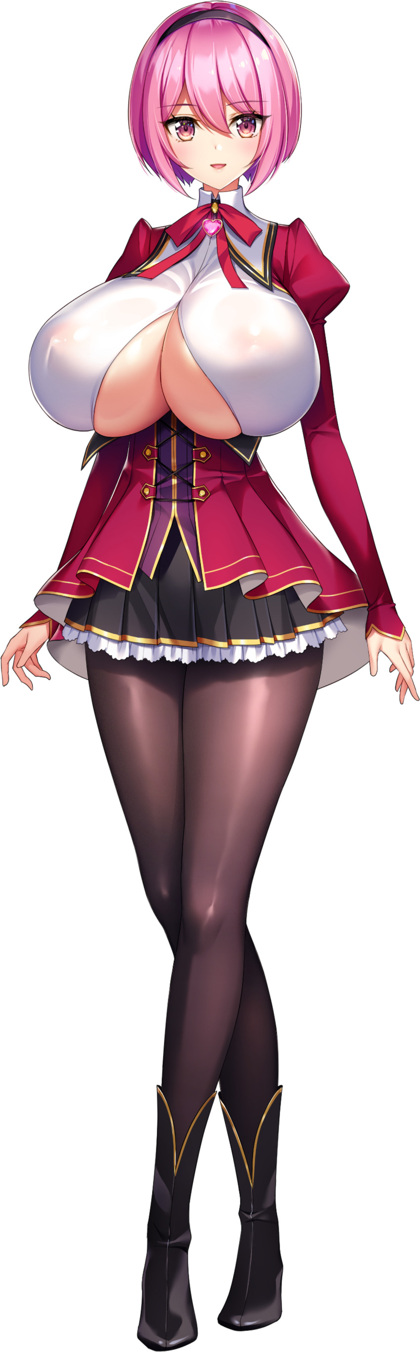 1girl :d absurdres ankle_boots arms_at_sides black_headband black_horns black_skirt blush boots breasts cleavage cleavage_cutout clothing_cutout crossed_legs demon_girl derauea full_body game_cg headband heart-shaped_gem highres horns huge_breasts juliet_sleeves long_sleeves looking_at_viewer milk_factory motto!_haramase!_honoo_no_oppai_isekai_chou_ero_succubus_gakuen! nipples no_bra non-web_source open_clothes open_mouth open_shirt pham pink_brooch pink_eyes pink_hair pleated_skirt puffy_sleeves red_ribbon red_shirt ribbon school_uniform see-through_clothes see-through_shirt shirt short_hair skirt smile solo sprite standing tachi-e transparent_background