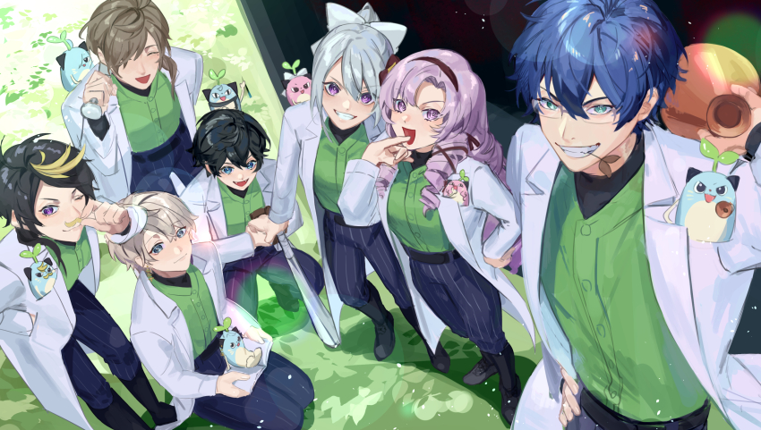 2girls 5boys alternate_color axia_krone bad_anatomy bad_hands baseball_bat belt black_belt black_hair black_hairband black_ribbon black_undershirt blue_eyes blue_hair blue_pants book bow brown_hair closed_eyes coat drill_hair facial_hair fangs from_above grass green_eyes green_shirt grey_hair hair_bow hair_over_one_eye hair_ribbon hairband hand_in_pocket hand_on_own_hip highres higuchi_kaede holding holding_baseball_bat holding_book hyakumantenbara_salome kaida_haru lens_flare leos_vincent long_hair looking_at_viewer mameneko_(leos_vincent) mole mole_under_eye mouth_hold multicolored_hair multiple_boys multiple_girls mustache nijisanji nijisanji_en oliver_evans open_clothes open_coat pants pinstripe_pants pinstripe_pattern purple_eyes purple_hair ribbon shirt shirt_tucked_in short_hair shu_yamino smile stalk_in_mouth streaked_hair tabemi_capudog teeth virtual_youtuber white_bow white_coat