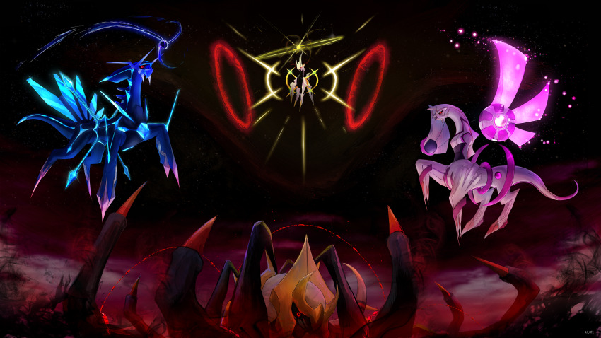 absurdres arceus black_sclera colored_sclera commentary creatures_(company) dialga energy energy_ball eye_trail game_freak gen_4_pokemon giratina glint glowing glowing_eyes highres horns jcstr legendary_pokemon light_trail mythical_pokemon night nintendo no_humans outdoors palkia pokemon pokemon_(creature) red_eyes