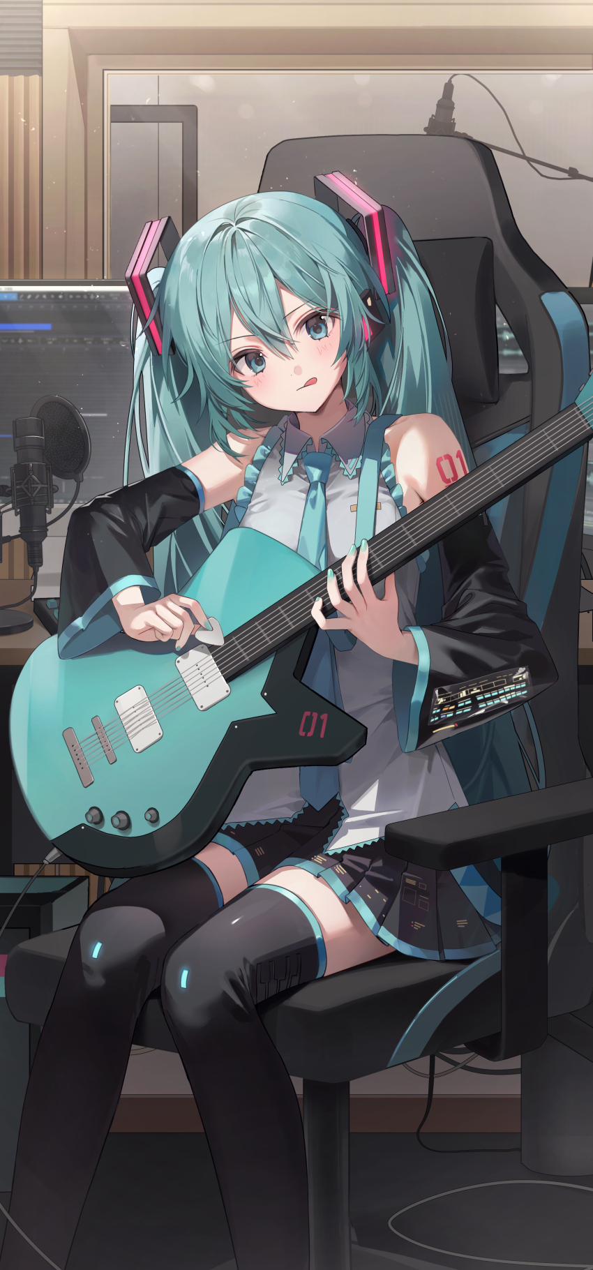 1girl :q absurdres bare_shoulders black_skirt black_sleeves blue_necktie blush chair closed_mouth collared_shirt commentary detached_sleeves double-parted_bangs electric_guitar emduck feet_out_of_frame gaming_chair green_eyes green_hair guitar hair_between_eyes hatsune_miku highres holding holding_guitar holding_instrument holding_plectrum indoors instrument long_hair long_sleeves microphone miniskirt monitor necktie number_tattoo on_chair pleated_skirt plectrum shirt shoulder_tattoo sitting skirt sleeveless sleeveless_shirt solo swivel_chair tattoo tongue tongue_out very_long_hair vocaloid