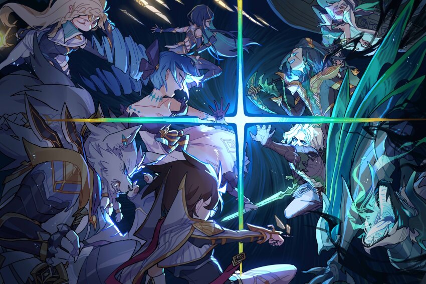 3boys 6+girls black_gloves black_hair blonde_hair blue_hair breasts brown_hair claws cleavage clenched_teeth closed_eyes collarbone diana_(league_of_legends) dragon_girl drill_hair elbow_gloves fingerless_gloves floating_hair gloves glowing glowing_eyes green_eyes gwen_(league_of_legends) hair_between_eyes hat highres holding holding_scythe incoming_attack irelia league_of_legends long_hair looking_at_another medium_breasts miss_fortune_(league_of_legends) multiple_boys multiple_girls open_mouth parted_bangs pirate_hat rengar ruined_miss_fortune ruined_shyvana scythe sentinel_(league_of_legends) sentinel_diana sentinel_irelia sentinel_rengar sentinel_vayne serious sharp_teeth short_hair shyvana smile teeth thresh_(league_of_legends) twin_drills unbound_thresh vayne_(league_of_legends) viego_(league_of_legends) whiskers white_hair ztdlb