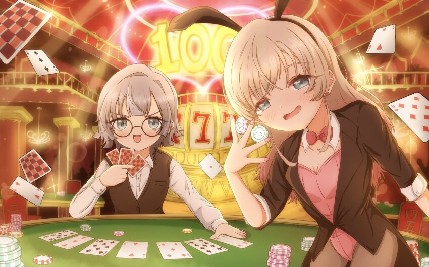 2girls animal_costume blue_eyes blush casino glasses hifumi_suu highres kedarui_aashii kimi_no_koto_ga_dai_dai_dai_dai_daisuki_na_100-nin_no_kanojo kubemasaya long_hair multiple_girls rabbit_costume rabbit_ears short_hair smile