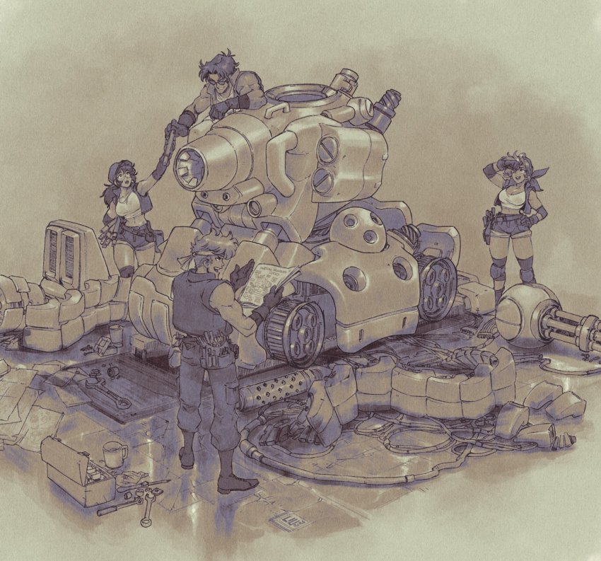 2boys 2girls breasts cleavage crop_top david_liu fio_germi glasses hat headband highres jacket kasamoto_eri large_breasts long_hair marco_rossi metal_slug military military_vehicle monochrome motor_vehicle multiple_boys multiple_girls pants short_hair shorts sleeveless sunglasses tank tarma_roving toolbox