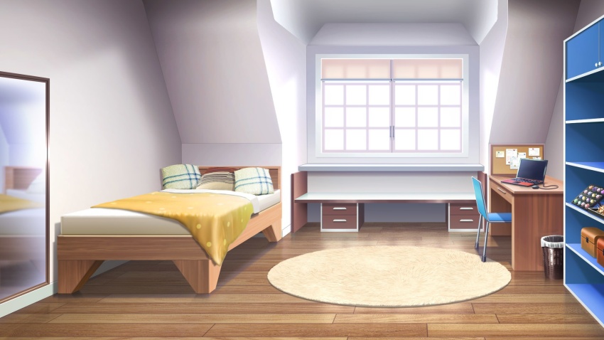 bed blanket bulletin_board chair computer computer_mouse day desk drawer flat_chest highres indoors laptop mirror no_humans non-web_source official_art our_life:_beginnings_and_always pillow reflective_surface rug scenery seashell shell trash_can variant_set window_blinds window_light windowsill wooden_floor