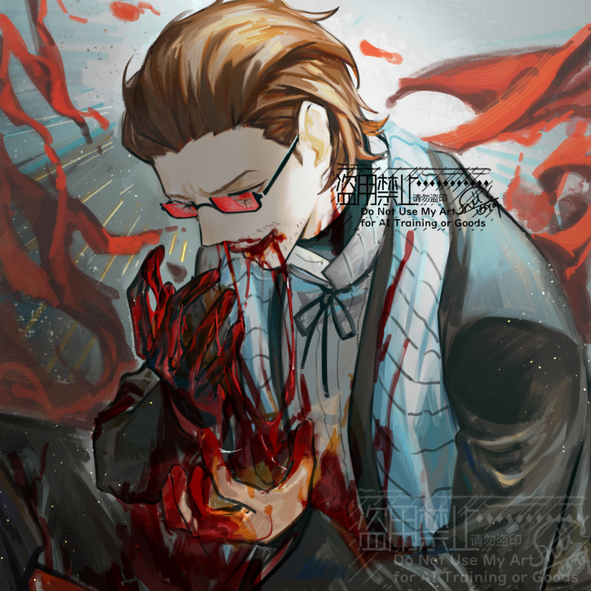 1boy black_coat black_gloves black_ribbon blood blood_from_mouth blood_on_face blood_on_hands brown_hair coat glasses gloves gregor_(project_moon) hair_slicked_back hands_up highres la_manchaland_(identity)_(project_moon) limbus_company long_sleeves male_focus neck_ribbon nishikujic nosebleed project_moon red-tinted_eyewear ribbon solo tinted_eyewear white_background
