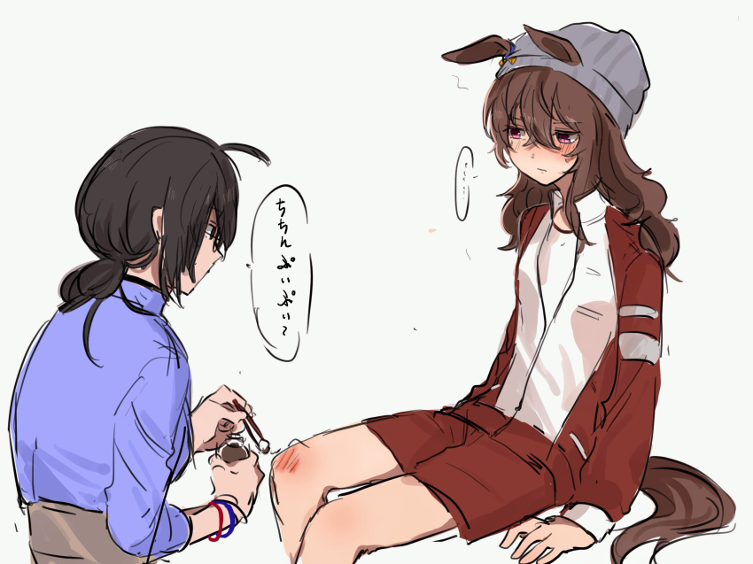 2girls animal_ears beanie black_hair blue_eyes blue_shirt blue_skirt blush bracelet brown_hair collared_shirt cotton_swab ears_through_headwear embarrassed female_trainer_(umamusume) folded_ponytail glasses grey_hat hair_between_eyes hat highres holding_tweezers horse_ears horse_girl horse_tail injury jacket jewelry knee_injury long_hair long_sleeves looking_at_another multiple_girls open_clothes open_jacket pants red_jacket red_shorts roroko_momo shirt shirt_tucked_in shorts simple_background skirt speech_bubble tail track_jacket track_pants trainer_(umamusume) translated tweezers umamusume white_background white_jacket
