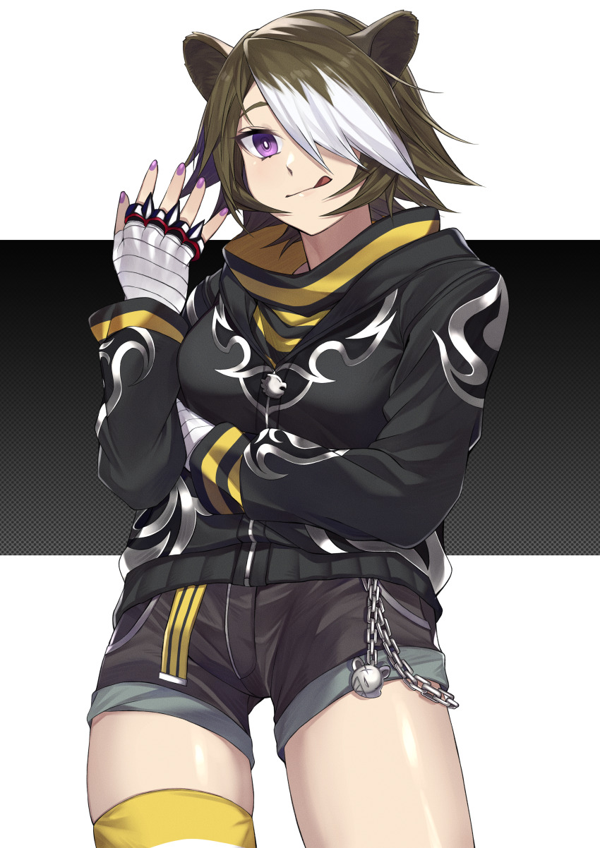 1girl absurdres animal_ears arknights bear_ears beehunter_(arknights) breasts brown_hair chain hair_over_one_eye highres jacket kameno_sachi long_sleeves looking_at_viewer multicolored_hair purple_eyes short_hair shorts simple_background smile solo streaked_hair thighhighs two-tone_hair white_hair
