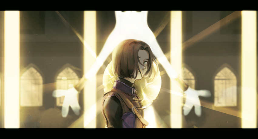 1boy 1girl aqua_eyes black_border black_sleeves blurry blurry_background border brown_hair commentary dragon_quest dragon_quest_xi english_commentary floating_hair glowing hair_over_one_eye hero_(dq11) jacket letterboxed looking_back looking_to_the_side medium_hair omo_nfan orb parted_hair scene_reference solo_focus spoilers timekeeper_(dq11) upper_body