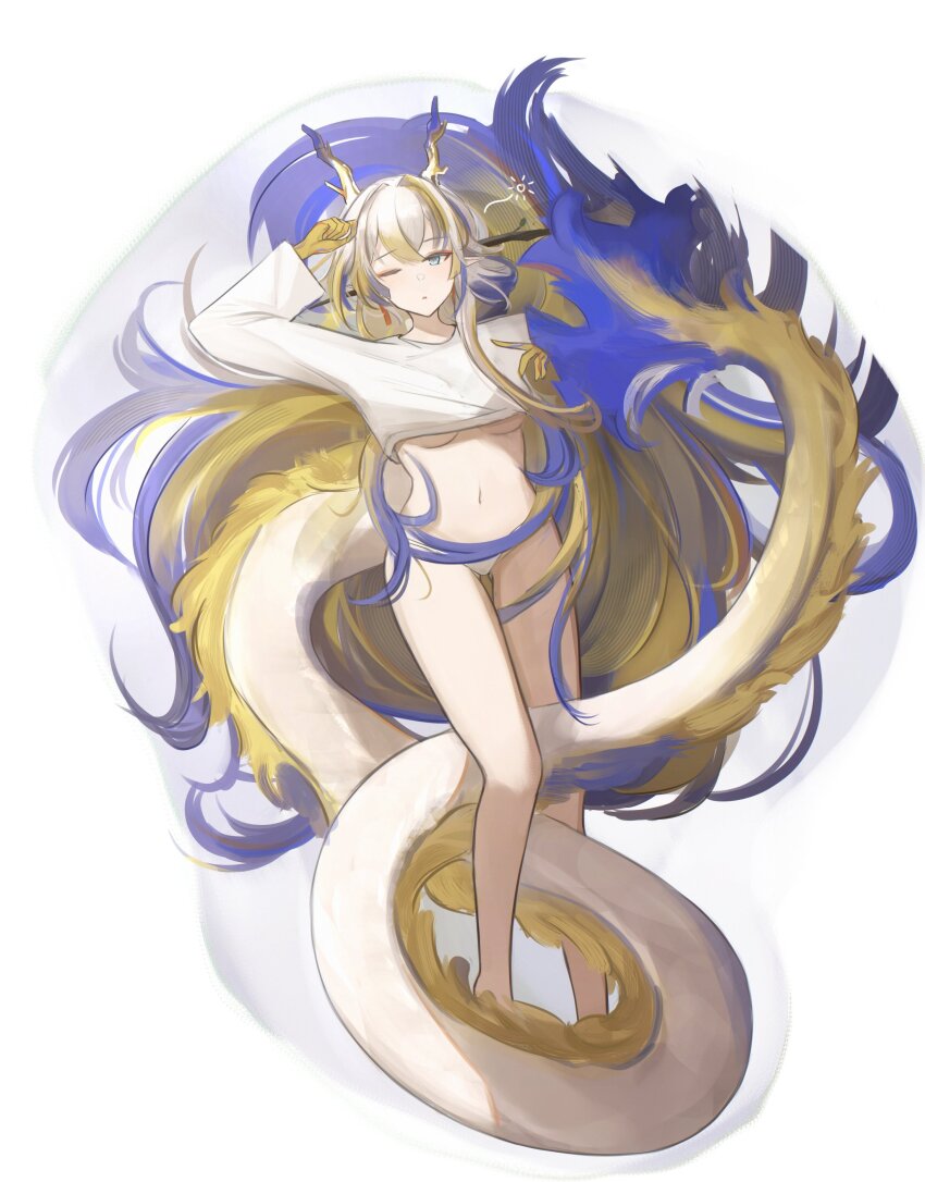 1girl absurdres alternate_costume arknights arm_up blonde_hair blue_eyes blue_hair colored_extremities commentary dragon_girl dragon_horns dragon_tail earrings english_commentary full_body highres horns jewelry long_hair multicolored_hair navel one_eye_closed panties parted_lips purple_hair shirt shu_(arknights) solo t-shirt tail underwear very_long_hair vincentime white_hair white_panties white_shirt