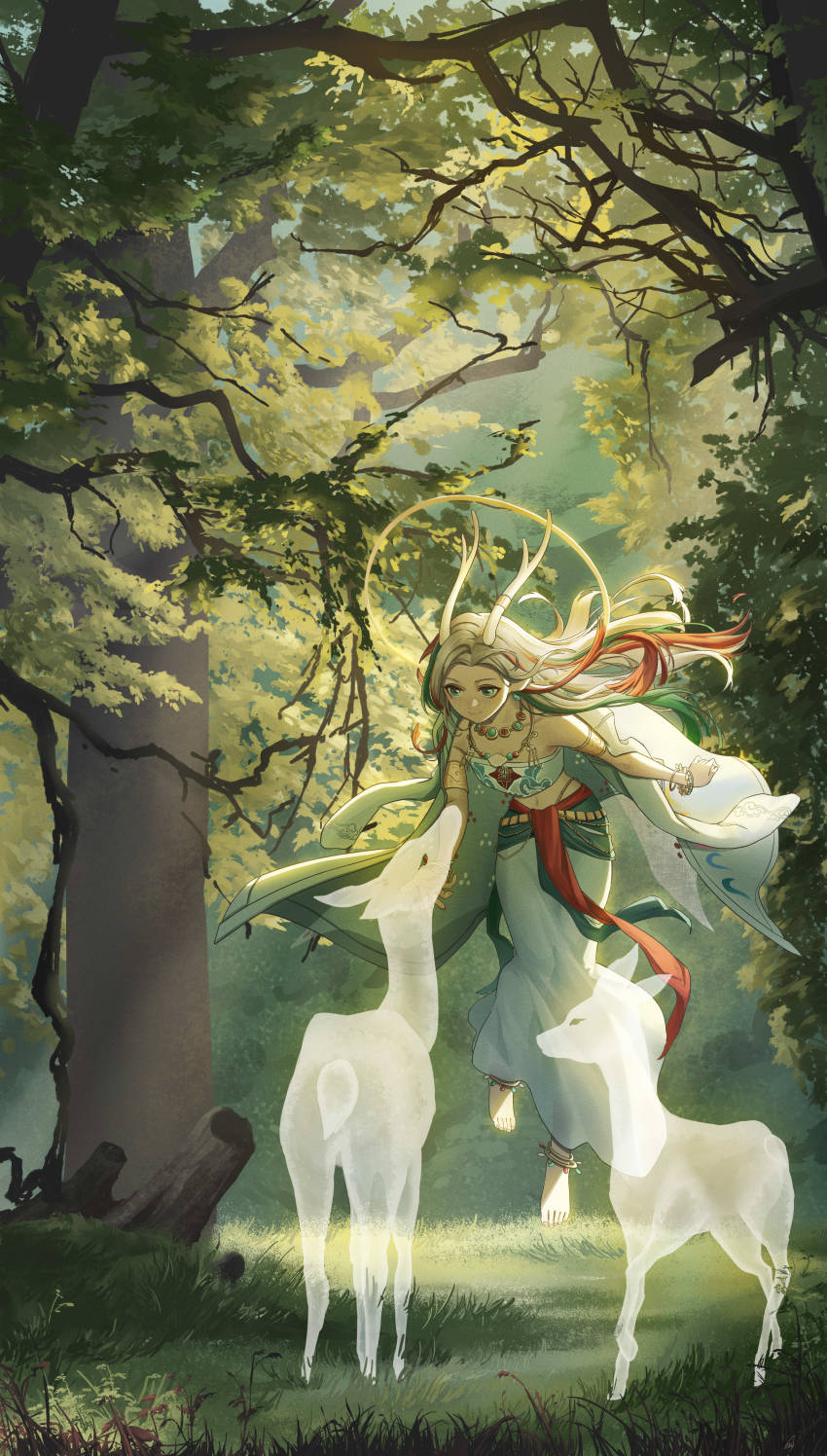 1girl a_deer_of_nine_colors absurdres animal_ears anklet antlers arknights armlet barefoot chinese_commentary closed_mouth coat coat_on_shoulders commentary_request crop_top cy9 deer deer_antlers deer_ears deer_girl fingerless_gloves floating floating_hair forest gloves grass green_coat green_eyes green_hair green_skirt highres horns jewelry long_hair long_skirt looking_at_animal multicolored_hair nature necklace nine-colored_deer outdoors partial_commentary red_hair simple_background skirt solo streaked_hair swimsuit tree