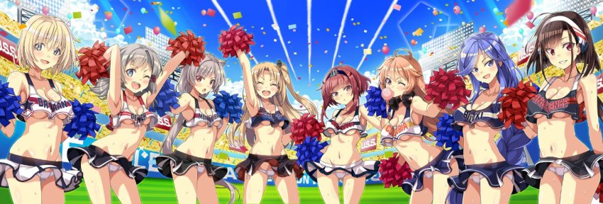 6+girls ahoge alternate_costume american_flag american_flag_print arm_up armpits arms_up azur_lane bare_shoulders bataan_(azur_lane) biloxi_(azur_lane) birmingham_(azur_lane) black_skirt blonde_hair blowing_bubble_gum blowing_bubbles blue_eyes blue_hair blue_hairband blue_shirt blush braid breasts brown_hair character_name cheering cheerleader chewing_gum cleavage cleveland_(azur_lane) closed_eyes clothes_writing cloud collarbone columbia_(azur_lane) commentary_request cowboy_shot crop_top crop_top_overhang day denver_(azur_lane) eyes_visible_through_hair flag_print hair_between_eyes hair_ears hairband headband headphones headphones_around_neck holding holding_pom_poms independence_(azur_lane) long_braid long_hair looking_at_viewer macaroni_hourensou medium_breasts midriff miniskirt montpelier_(azur_lane) multiple_girls navel no_bra one_eye_closed one_side_up open_mouth outdoors panties pantyshot pleated_skirt pom_pom_(cheerleading) pom_poms purple_shirt purple_skirt red_eyes red_hair shirt short_hair short_hair_with_long_locks short_twintails side-tie_panties sidelocks silver_hair single_braid skirt sky sleeveless sleeveless_shirt slit_pupils small_breasts smile stadium standing sweat teeth tongue twintails underboob underwear very_long_hair white_panties white_shirt white_skirt