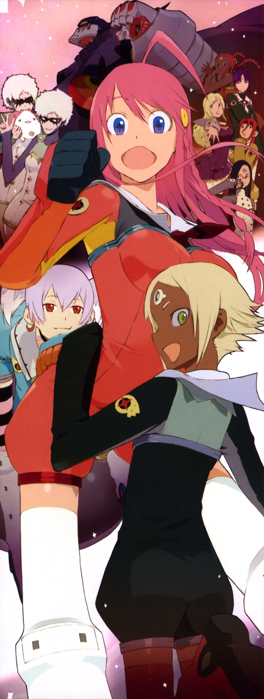 +_+ 00s 6+girls :d absurdres ahoge biting black_hair blonde_hair blue_eyes boots braid breasts chiko citrone_rimone clenched_hand crescent cross-shaped_pupils dark-skinned_female dark_skin dix-neuf dix_neuf domino_mask everyone facial_mark flat_chest forehead_mark glasses gloves green_eyes hair_ornament headband highres lal&#039;c_mellk_mal leg_lift light_purple_hair long_hair long_image looking_at_viewer looking_back mask mecha multicolored_hair multiple_girls necktie nono_(top_wo_nerae_2!) nyan_nok_cham okama open_mouth outstretched_hand pacica_peska_pelcicum pink_hair profile purple_hair red_eyes red_hair red_legwear robot romper ruu_soon sailor_collar serpentine_shimai_(ane) serpentine_shimai_(imouto) short_hair short_twintails siblings side_braid sisters smile sparkle standing striped_legwear symbol-shaped_pupils tall_image thigh_boots thighhighs top_wo_nerae!_(series) top_wo_nerae_2! twins twintails two-tone_hair tycho_science uniform white_footwear white_hair white_legwear zettai_ryouiki