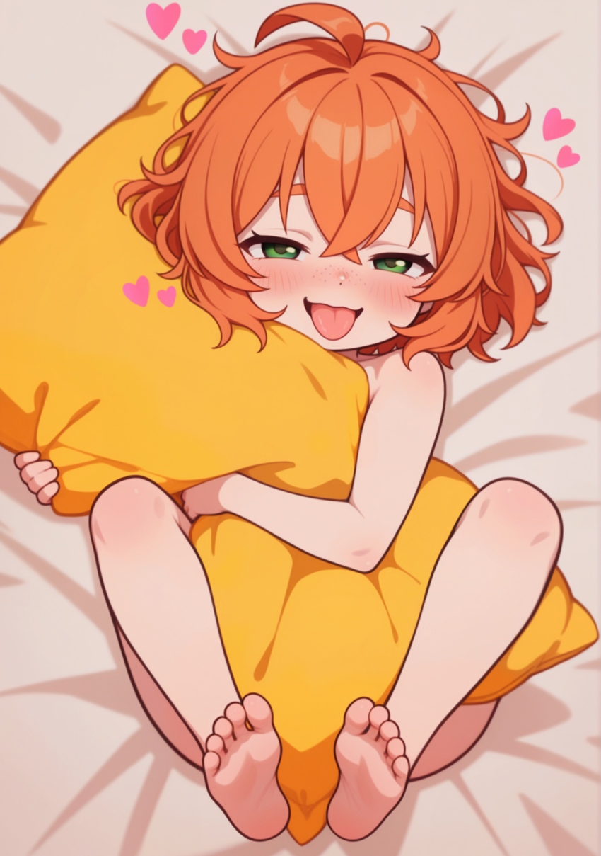 1girl absurdres ahoge ai-assisted ass bad_source barefoot bed bed_sheet bedroom blush body_pillow collarbone completely_nude covering_breasts covering_crotch covering_nipples covering_privates crossed_bangs face_in_pillow feet feet_up flat_chest freckles green_eyes hair_between_eyes happy heart highres hina_kurosawa holding holding_pillow hug hugging_object incredibly_absurdres indoors knees_up loli looking_at_viewer lying nude nude_cover on_bed open_mouth orange_hair original paid_reward_available perspective pillow pillow_grab pillow_hug pov presenting presenting_foot self-upload short_hair smile soles solo spread_legs thighs tongue uncensored