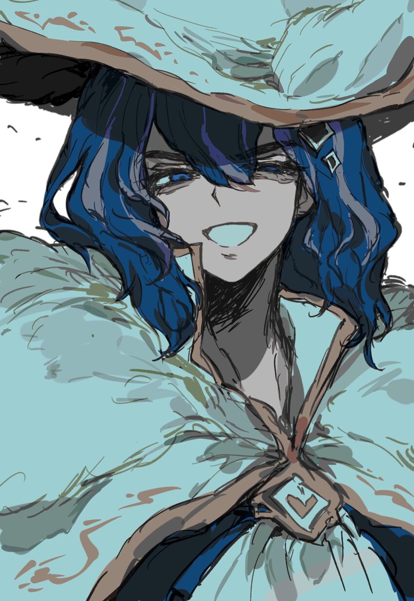 1boy anzekeye ascot blue_eyes blue_hair brooch camille_(project_moon) cape gold_trim hat highres jewelry limbus_company looking_at_viewer medium_hair multicolored_hair half-closed_eye open_mouth project_moon simple_background smile solo sparkle_hair_ornament streaked_hair white_ascot white_background white_cape white_hat