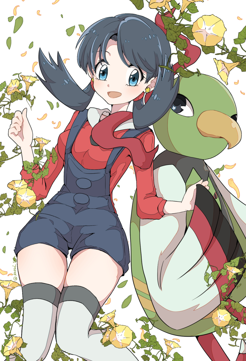 1girl :d bird blue_eyes blue_hair blue_overalls breasts commentary creatures_(company) flower game_freak gen_2_pokemon highres karai_san knees_together_feet_apart kris_(pokemon) leaf long_hair medium_breasts nintendo open_mouth overalls pokemon pokemon_(creature) pokemon_adventures red_ribbon red_shirt ribbon shirt three-quarter_sleeves smile thighhighs twintails white_thighhighs xatu yellow_flower
