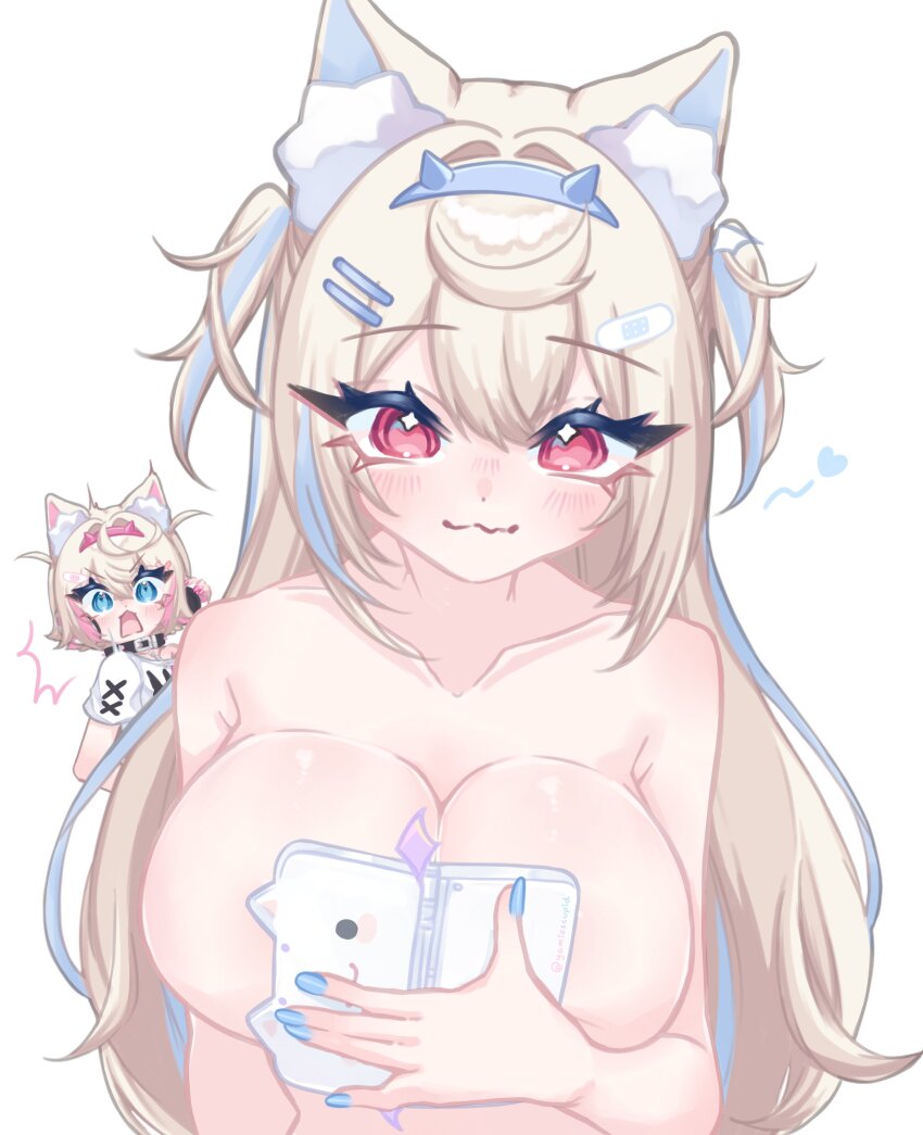 2girls absurdres animal_ears bandaid bandaid_hair_ornament belt belt_collar black_belt black_choker black_collar blonde_hair blue_eyes blue_hair blue_hairband blue_nails blush boobs_in_book_(meme) breasts choker closed_mouth collar collarbone colored_inner_animal_ears commentary dog_ears dog_girl english_commentary fingernails fuwawa_abyssgard hair_intakes hair_ornament hairband hairclip handheld_game_console headphones heart highres holding holding_handheld_game_console hololive hololive_english horn_hairband large_breasts long_hair looking_at_viewer medium_hair meme mococo_abyssgard mococo_abyssgard_(1st_costume) multicolored_hair multiple_girls nail_polish nude off-shoulder_shirt off_shoulder open_mouth perroccino_(fuwamoco) pink_eyes pink_hair pink_hairband pink_nails revision shirt siblings simple_background sisters smile solo_focus streaked_hair surprised twins twitter_username two-tone_hair two_side_up virtual_youtuber white_background white_shirt yamiescupid