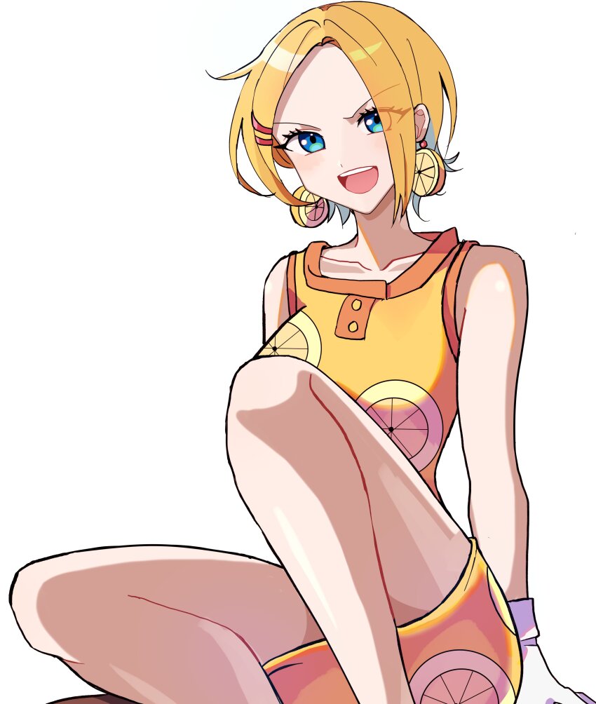 1girl absurdres blonde_hair blue_eyes commentary_request dress earrings food-themed_earrings food_print food_themed_earrings fruit_print gloves highres jewelry kasuga_kaya korean_commentary lemon_earrings lemon_print miss_valentine one_piece open_mouth short_hair simple_background sitting sleeveless sleeveless_dress smile solo teeth upper_teeth_only white_background white_gloves yellow_dress