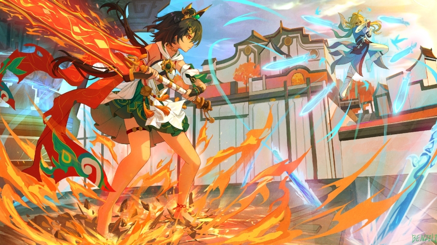 1boy 1girl architecture barefoot benzi_li black_hair blonde_hair blue_jacket boots bridal_gauntlets chinese_clothes clenched_teeth commentary_request crack cracked_floor duel east_asian_architecture fire flaming_sword flaming_weapon floating floating_hair floating_object floating_weapon flying_sword_(honkai:_star_rail) full_body greatsword green_skirt headpiece high_ponytail highres holding holding_sword holding_weapon honkai:_star_rail honkai_(series) jacket long_hair looking_at_another low_twintails mixed-sex_combat outdoors pants planted planted_sword planted_weapon ponytail pyrokinesis skirt sword teeth twintails weapon white_boots white_pants yanqing_(honkai:_star_rail) yellow_eyes yunli_(honkai:_star_rail)