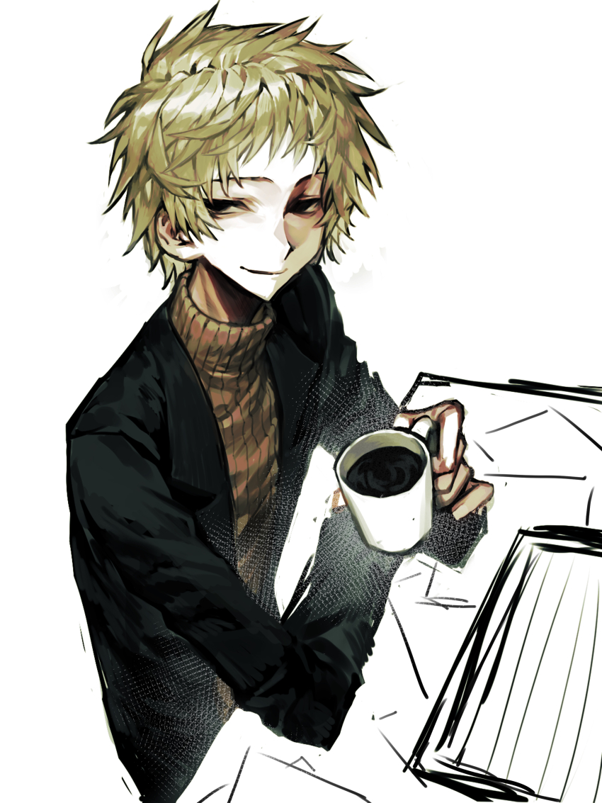 1boy absurdres atou_haruki black_eyes black_jacket blonde_hair chinese_commentary closed_mouth commentary_request cup highres holding holding_cup jacket jcwlg lapels long_sleeves male_focus mug notched_lapels open_clothes open_jacket ribbed_sweater saibou_shinkyoku short_hair sketch_background smile solo sweater turtleneck turtleneck_sweater unfinished