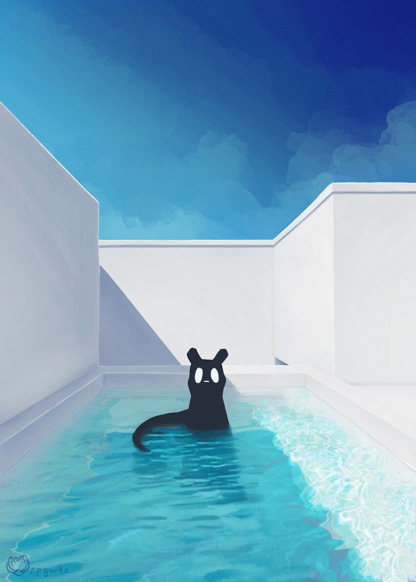 absurdres creature highres liminal_space no_humans no_mouth pool rain_world rpgwka_illust signature sky slugcat tail watcher_(rain_world) water wide-eyed