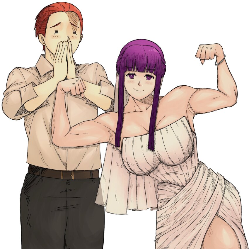 1boy 1girl basedlida belt bracelet breasts bride covering_own_mouth dress fern_(sousou_no_frieren) groom highres jewelry large_breasts long_hair looking_at_viewer meme muscular muscular_bride_(meme) muscular_female pants purple_hair shirt sleeves_rolled_up smile sousou_no_frieren stark_(sousou_no_frieren) wedding_dress white_background white_shirt