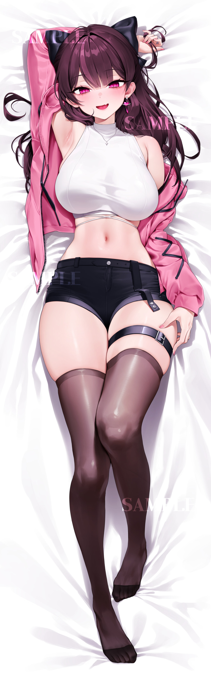 1girl absurdres arm_up armpits bed_sheet belt black_belt black_shorts blush breasts chano39 character_request commission copyright_request crop_top dakimakura_(medium) full_body highres jacket large_breasts long_hair long_sleeves looking_at_viewer lying midriff navel on_back open_clothes open_jacket open_mouth pink_eyes pink_jacket sample_watermark short_shorts shorts skindentation smile solo stomach thigh_belt thigh_strap thighs watermark