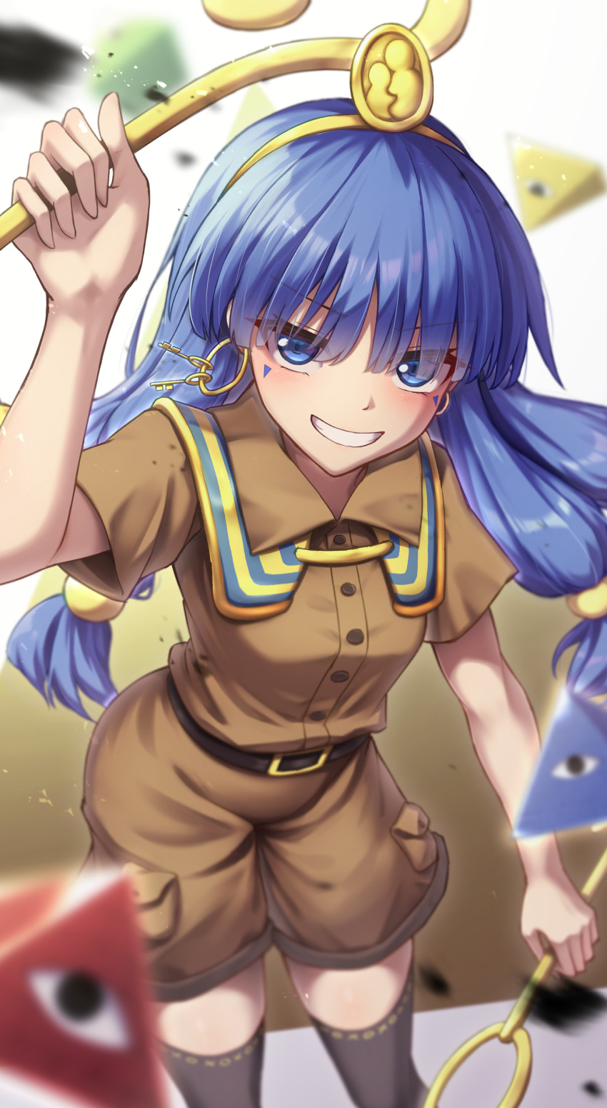 1girl absurdres belt black_thighhighs blue_eyes blue_hair brown_shirt brown_shorts collared_shirt commentary_request earrings facial_mark gold_buckle gold_headdress gold_tiara grin hair_between_eyes hair_ornament highres holding holding_scepter jewelry key_earrings long_hair looking_at_viewer michigami_nareko pyramid_(geometry) scepter shirt short_sleeves shorts smile solo sphere_hair_ornament teeth thighhighs tiara touhou triangle triangle_facial_mark usekh_collar yosshy