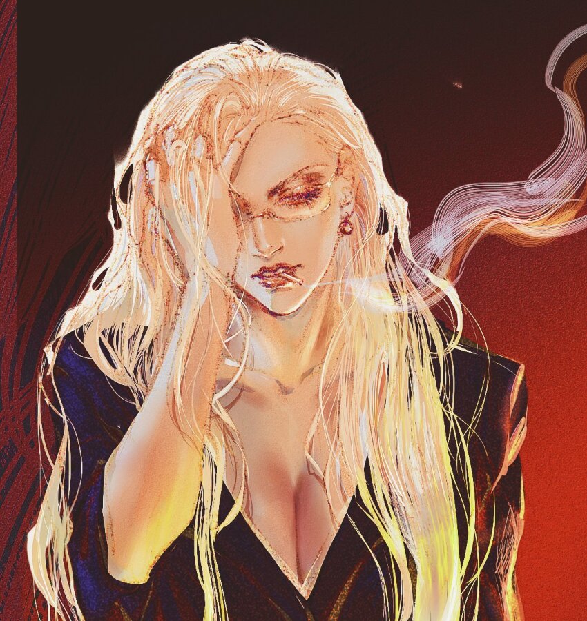 1girl black_dress blonde_hair breasts cigarette cleavage commentary_request dress earrings eyelashes eyeshadow glasses gradient_background jewelry kalifa_(one_piece) long_hair makeup one_piece pearl_earrings smdsqi smoke solo upper_body