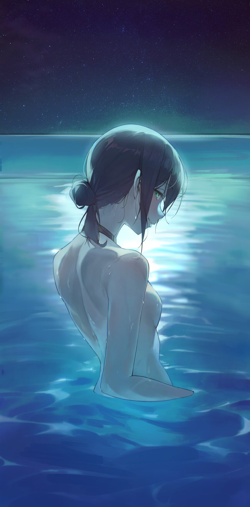 1girl absurdres back black_choker black_hair breasts chainsaw_man choker commentary_request from_behind green_eyes hair_bun highres horizon moonlight night night_sky nude ocean partially_submerged reze_(chainsaw_man) sky small_breasts smile12190 solo star_(sky) starry_sky water wet