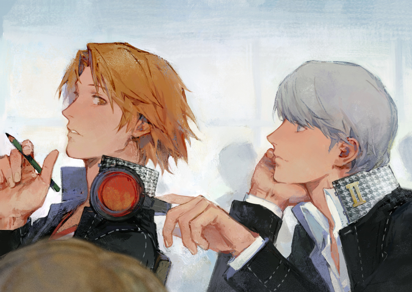 1girl 2boys absurdres black_jacket brown_eyes brown_hair commentary_request creamyghost from_side grey_hair hanamura_yousuke hand_on_own_chin head_rest headphones headphones_around_neck high_collar highres holding holding_pencil jacket long_sleeves male_focus multiple_boys narukami_yu out_of_frame pencil persona persona_4 satonaka_chie school_uniform short_hair upper_body white_background yasogami_school_uniform