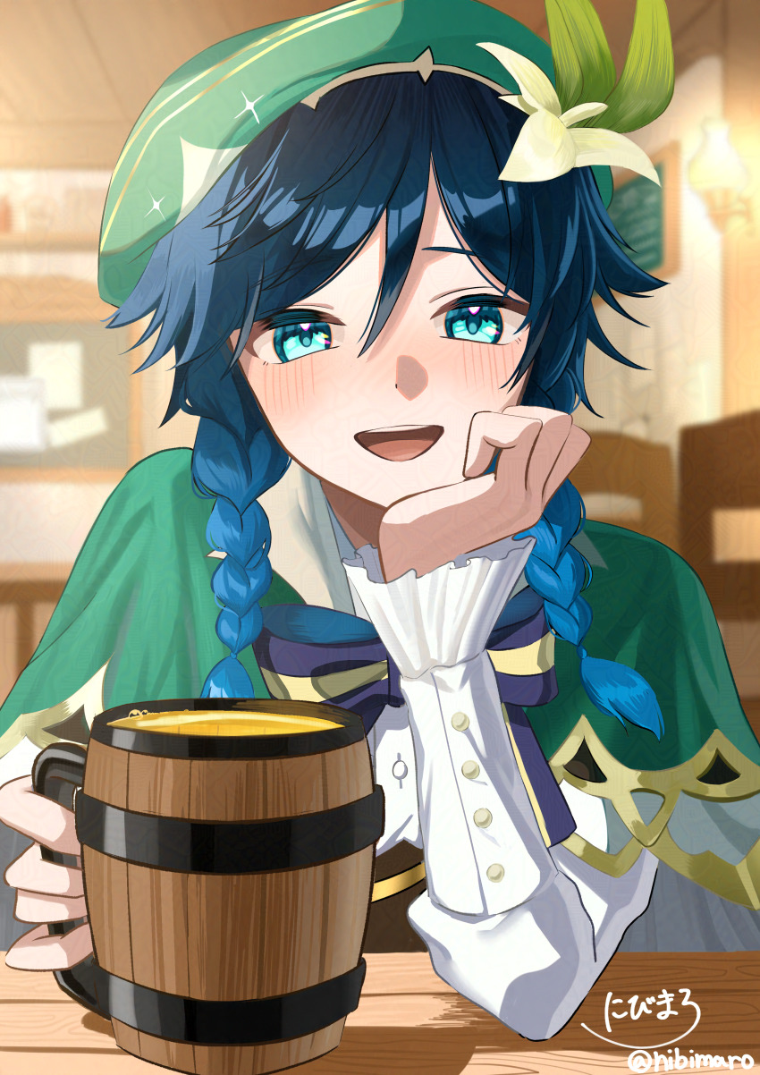 1boy absurdres alcohol beer beret black_hair blue_hair blurry blurry_background braid cape commentary elbow_rest flower genshin_impact gradient_hair green_cape green_eyes green_hat hair_between_eyes hair_flower hair_ornament hand_on_own_chin hat highres indoors long_sleeves male_focus multicolored_hair nibimaro open_mouth pov_across_table shirt short_hair_with_long_locks signature sitting smile solo symbol-only_commentary table tankard tavern teeth twin_braids twitter_username upper_teeth_only venti_(genshin_impact) white_shirt wooden_table
