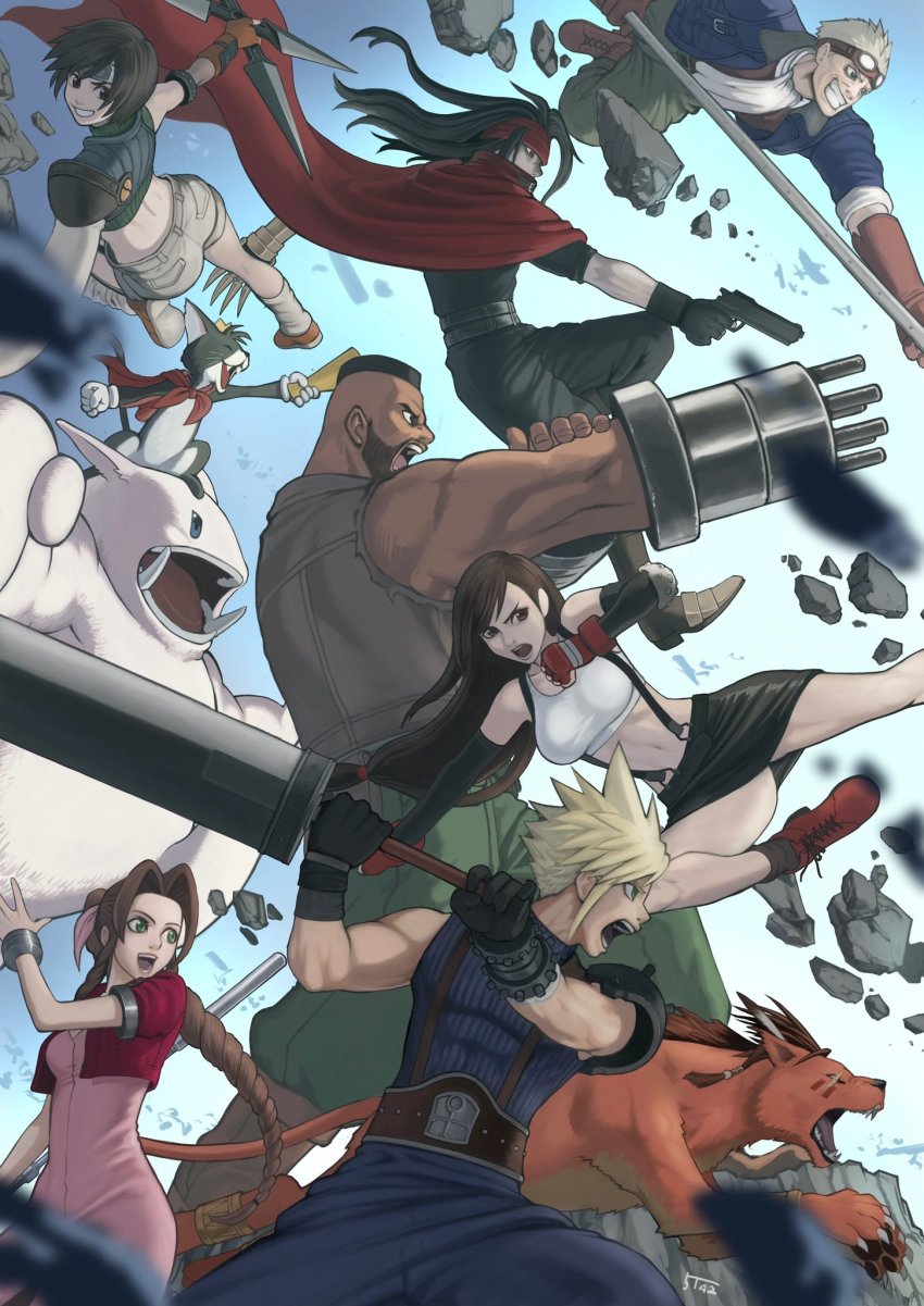 3girls 5ta2_5 aerith_gainsborough armor ascot barret_wallace beard beige_shorts belt black_hair black_pants blonde_hair blue_eyes blue_jacket blue_pants blue_shirt bracelet braid breasts brown_eyes brown_hair brown_vest buster_sword buzz_cut cait_sith_(final_fantasy) cape cat cid_highwind claws cloud_strife cropped_jacket crown dark-skinned_male dark_skin debris dress everyone facial_hair fighting_stance final_fantasy final_fantasy_vii fingerless_gloves gloves goggles goggles_on_head green_eyes green_shirt gun hair_ribbon handgun headband highres holding holding_weapon jacket jewelry large_breasts leg_warmers long_hair low-tied_long_hair lower_teeth_only megaphone midriff miniskirt multiple_boys multiple_girls muscular muscular_male open_mouth pants pink_dress pink_ribbon red_cape red_fur red_headband red_jacket red_xiii ribbon scar scar_on_face shirt short_hair shoulder_armor shuriken skirt sleeveless sleeveless_turtleneck spiked_hair square_enix staff suspender_skirt suspenders teeth tifa_lockhart turtleneck upper_teeth_only very_short_hair vest vincent_valentine weapon white_shirt yuffie_kisaragi