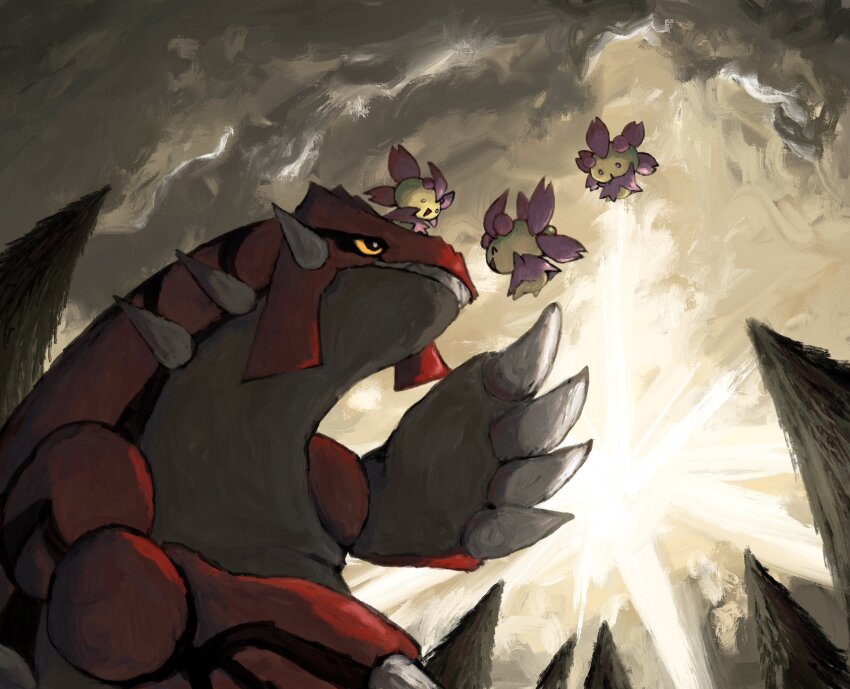 4others ^_^ cherrim cherrim_(sunshine) claws closed_eyes cloud cloudy_sky colored_skin gen_3_pokemon gen_4_pokemon groudon highres legendary_pokemon multiple_others nintendo no_humans non-web_source painting_(medium) panha pink_petals pokemon precipice_blades_(pokemon) red_skin sharp_teeth sky smile sunlight teeth traditional_media yellow_eyes