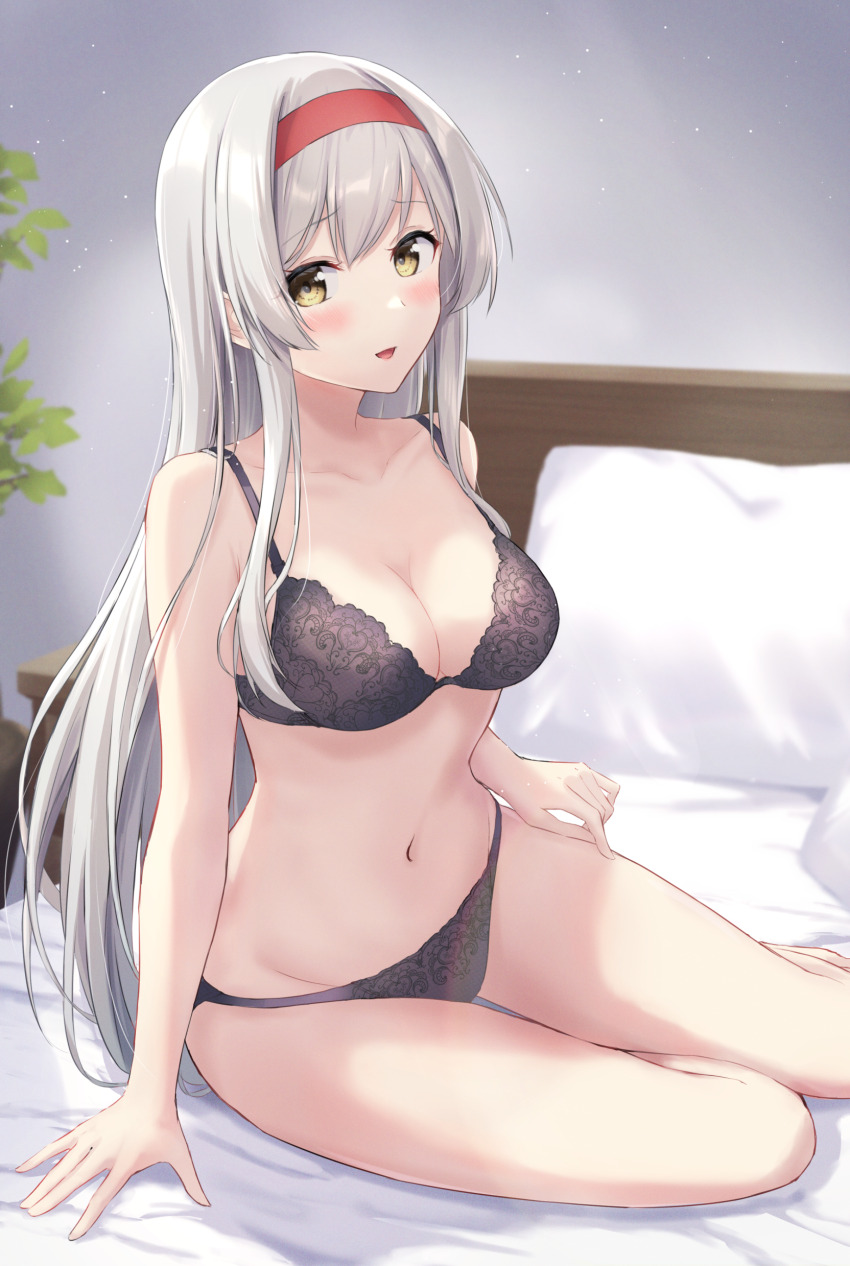 1girl absurdres arm_support black_bra black_panties bra breasts cleavage collarbone commentary_request commission grey_hair hairband highres indoors kantai_collection large_breasts long_hair looking_at_viewer monoku navel on_bed open_mouth panties red_hairband shoukaku_(kancolle) sitting skeb_commission smile solo underwear underwear_only yellow_eyes yokozuwari