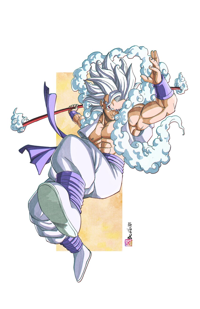 1boy abs absurdres beatlo_(rodrigo38658978) cosplay cropped_vest dragon_ball gear_fifth gogeta hagoromo highres holding holding_staff holding_weapon instagram_username metamoran_vest monkey_d._luffy monkey_d._luffy_(cosplay) muscular muscular_male one_piece open_clothes open_vest pants purple_sash red_eyes sash shawl sleeveless_vest smirk solo staff vest weapon white_hair white_pants wristband