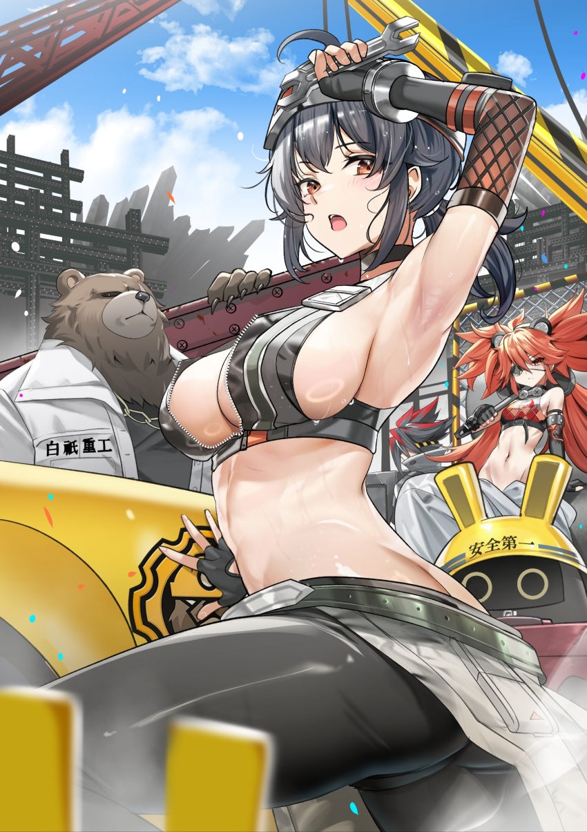 1boy 1other 2girls anton_ivanov armpits bangboo_(zenless_zone_zero) bare_shoulders bear ben_bigger black_choker black_gloves black_pants black_shirt breasts chain chain_necklace choker cleavage closed_mouth commentary construction_site cowboy_shot crop_top elbow_gloves english_commentary eyepatch fingerless_gloves flame_print gloves goggles goggles_on_head grace_howard hair_between_eyes hair_ornament hammer highres holding holding_hammer holding_wrench jacket jewelry koleda_belobog large_breasts long_hair looking_at_viewer low_ponytail low_twintails midriff multiple_girls navel necklace open_mouth orange_eyes orange_hair outdoors pants ponytail safety_(zenless_zone_zero) shirt short_ponytail sideboob sidelocks sweat teddypocky twintails unzipped very_long_hair very_sweaty white_jacket wiping_sweat wrench zenless_zone_zero
