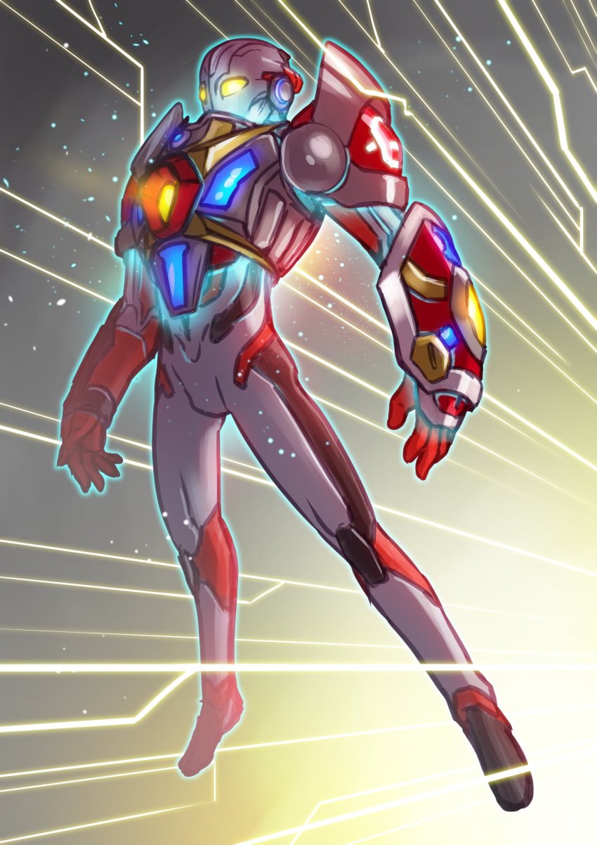 1boy acceptor armor clenched_hands crossover denkou_choujin_gridman gloves glowing glowing_eyes gridman_(character) gridman_universe highres kuroda_asaki male_focus multiple_boys no_pupils shoulder_armor solo ssss.gridman tokusatsu ultra_series ultraman_x ultraman_x_(series) yellow_eyes