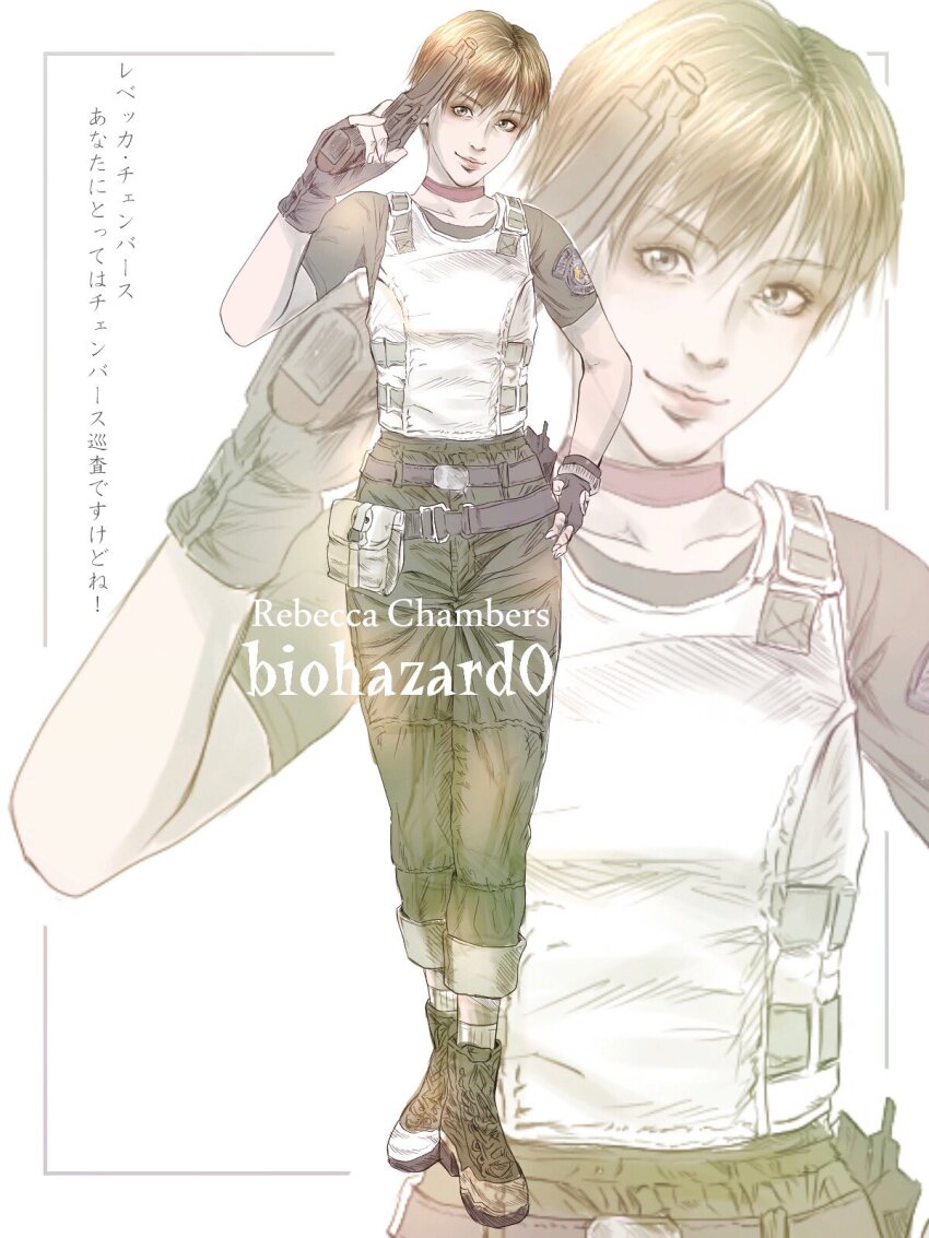 1girl artist_request brown_hair character_name choker closed_mouth copyright_name fingerless_gloves full_body gloves highres lips looking_at_viewer rebecca_chambers resident_evil resident_evil_0 short_hair smile solo
