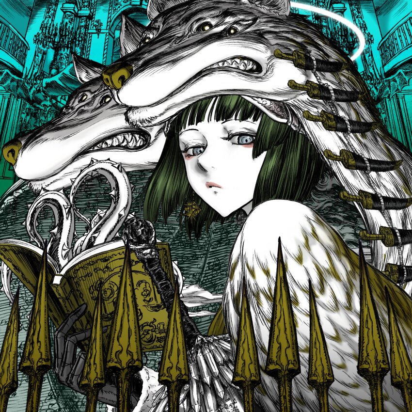1girl absurdres aqua_background black_gloves book commentary dagger earrings extra_eyes eyeliner gloves green_hair grey_eyes grimoire hashtag-only_commentary highres jewelry knife kyushime limited_palette looking_at_viewer makeup original red_eyeliner tentacles weapon wolf