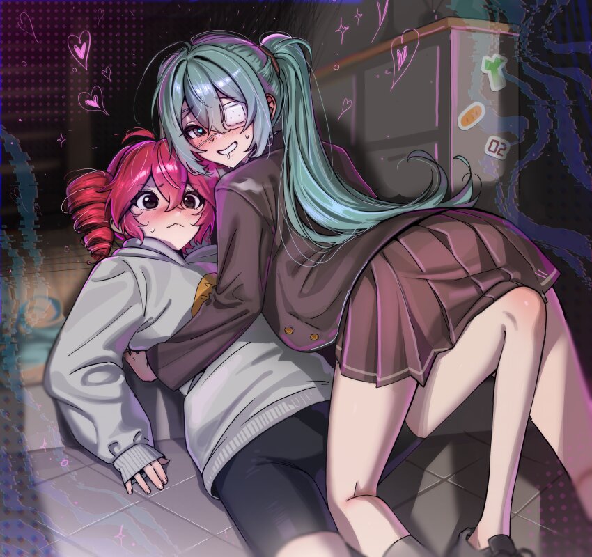 2girls :&lt; aa2mee absurdres all_fours alternate_costume aqua_hair bike_shorts black_eyes black_jacket black_shoes blush buttons cabinet eyepatch feet_out_of_frame food_print grey_sweater grin hair_between_eyes hatsune_miku heart heart_in_eye highres indoors jacket kasane_teto long_sleeves looking_at_another looking_at_viewer lying medical_eyepatch miniskirt monitoring_(vocaloid) multiple_girls on_back pleated_skirt print_jacket saliva science_(synthesizer_v) shelf shoes side_ponytail skirt smile sweat sweater symbol_in_eye tile_floor tiles utau vocaloid yuri