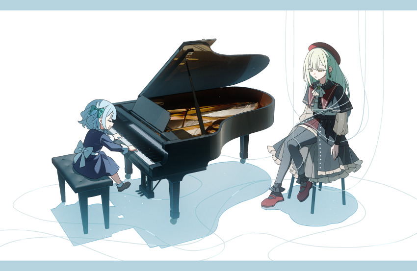 2girls ascot back_bow bang_dream! bang_dream!_it&#039;s_mygo!!!!! beret black_capelet black_pantyhose black_skirt blue_bow blue_dress blue_hair bow capelet child closed_eyes commentary_request dress green_bow green_brooch green_hair hair_bow hat highres instrument long_hair long_sleeves mortis_(bang_dream!) mortis_(costume)_(bang_dream!) multiple_girls music open_mouth pantyhose pantyhose_under_shorts piano playing_instrument playing_piano purple_eyes red_footwear red_hat red_shorts sakuraihum shorts showgirl_skirt simple_background sitting skirt string string_of_fate togawa_sakiko wakaba_mutsumi white_ascot white_background yellow_eyes
