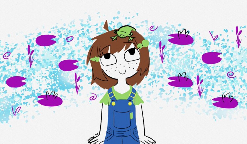 1girl 2024 artist_name blue_overalls brown_hair colored_skin freckles frog green_shirt hypnadot indie_virtual_youtuber lily_hopkins lily_pad looking_up no_nose overalls shirt virtual_youtuber white_skin year