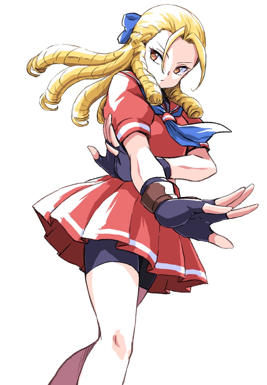 1girl antenna_hair bike_shorts bike_shorts_under_skirt black_gloves blonde_hair bow drill_hair fingerless_gloves gloves hair_bow hair_pulled_back highres ikaringo_(ikaringo4444) kanzuki_karin long_hair neckerchief pleated_skirt red_serafuku red_skirt school_uniform serafuku skirt solo street_fighter street_fighter_zero_(series) yellow_eyes